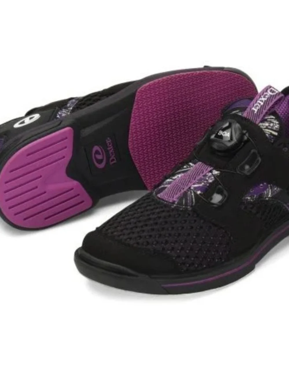 Dexter Women's Pro BOA bowling shoes in black and purple, a BOA Fit Size 8.5